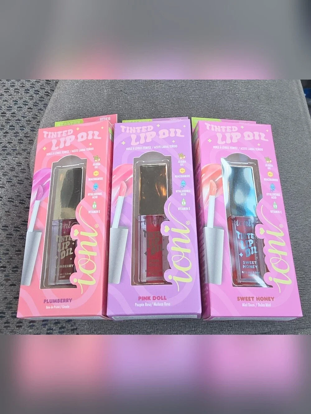 Ioni Tinted Lip Oils — Pink Doll, Sweet Honey & Plumberry 0.12oz BNIB